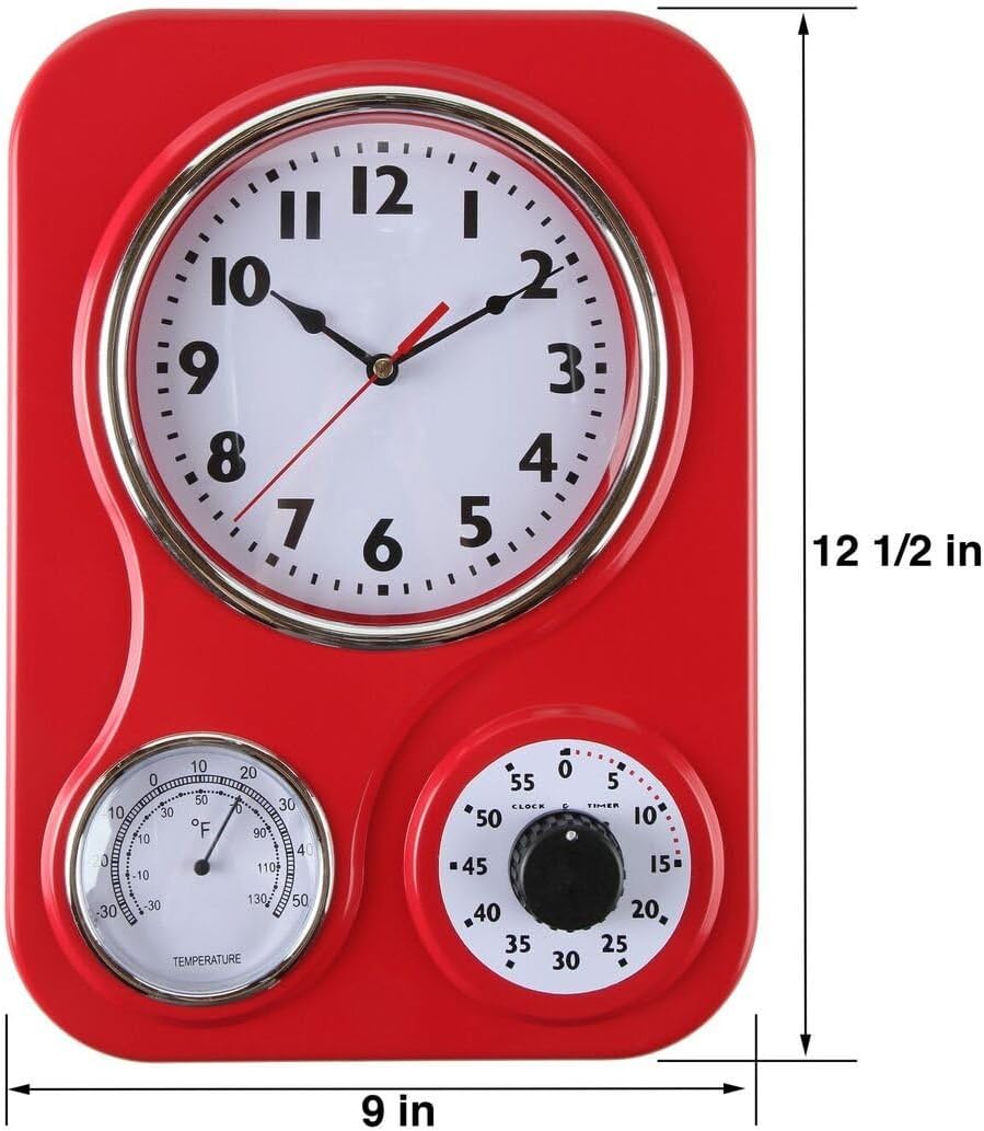 Lily's Home Retro Kitchen Clock with Temperature and Timer (Red)