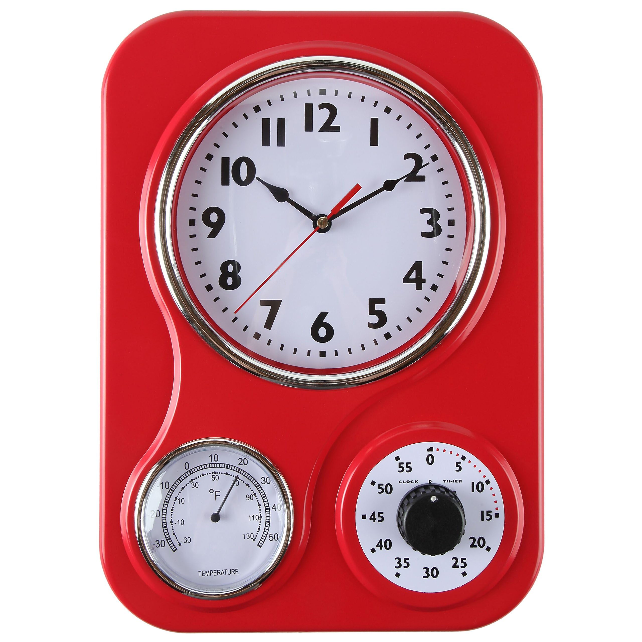 Lily's Home Retro Kitchen Clock with Temperature and Timer (Red)