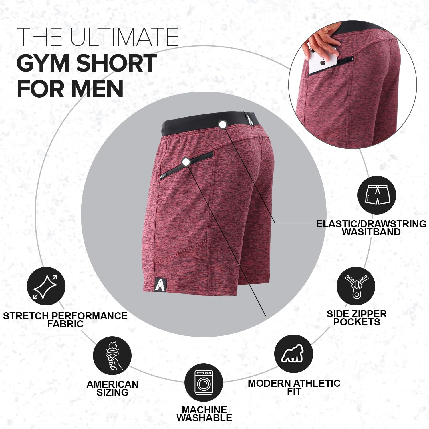 Anthem Athletics Hyperflex 7 Inch Men's Workout Shorts - Zipper Pocket Short for Running, Athletic & Gym Training - Iron Oxblood G2 - Large