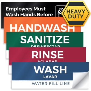 5 pack wash rinse sanitize sink labels, waterproof sticker signs, 3 compartment sink labels - restaurant supplies, food truck supplies, dishwashing sign wash station
