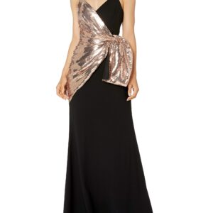 Jill Jill Stuart Women's Two Tone Sequin Side Bow Gown, Black & Rosegold, 12