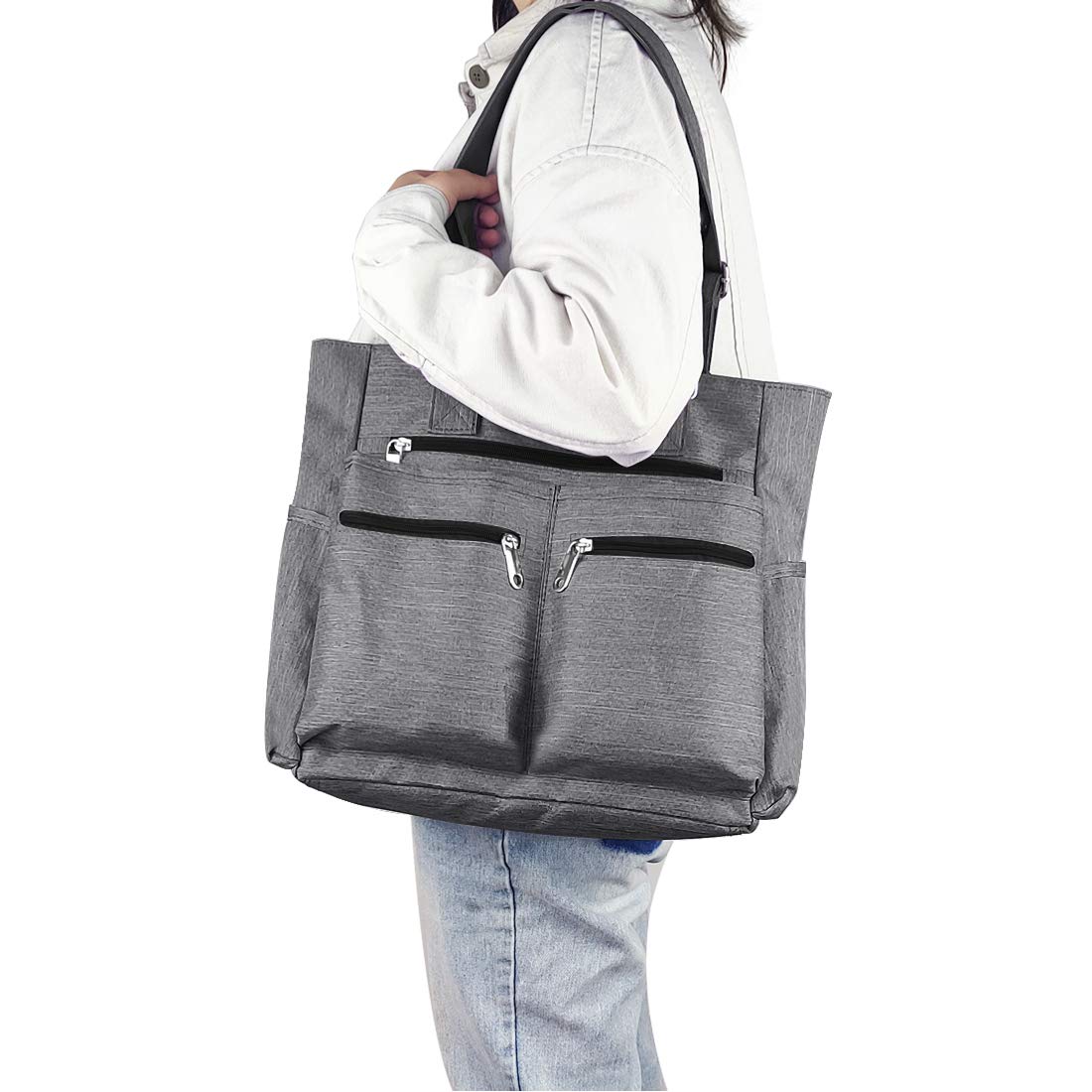 Canvas Tote Bag Waterproof Nylon Multi Pocket Shoulder Bags Laptop Work Bag Teacher Purse and Handbags for Women & Men (Grey 2)