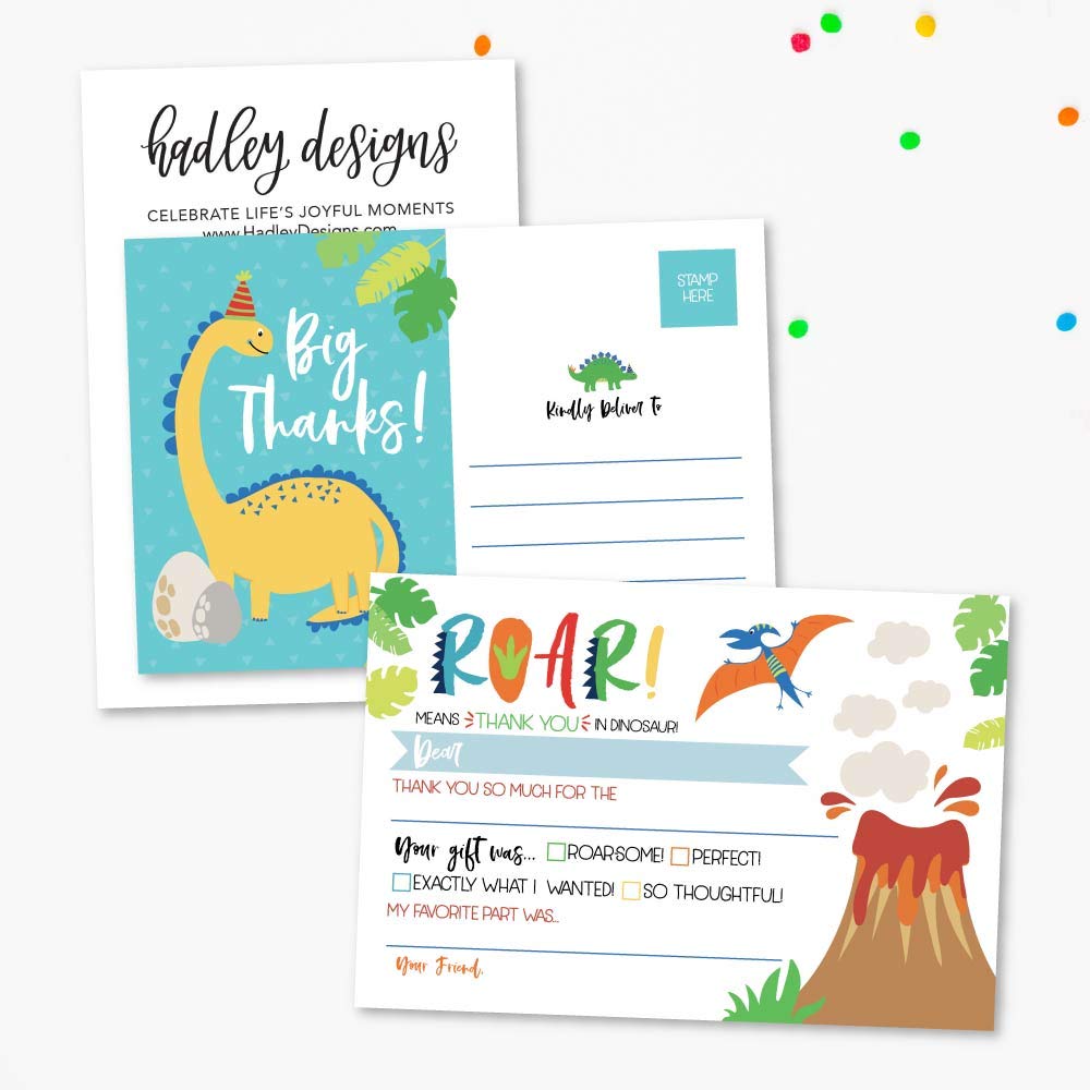 25 Jurassic Dinosaur Fill In The Blank Kids Thank You Cards, Roar Dino Themed TRex or T-Rex Dig Bday Party Notes, Adult or Children Birthday, Volcano Fossil Wild Adventure Supplies Rawr Supply Ideas