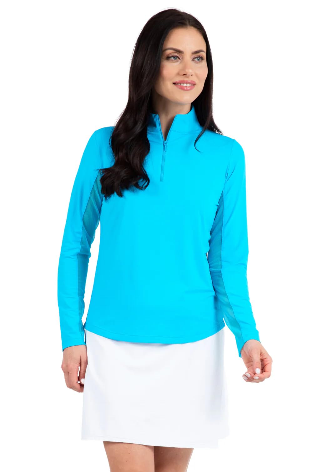 IBKUL Athleisure Wear Sun Protective UPF 50+ Icefil Cooling Tech Long Sleeve Mock Neck Top with Under Arm Mesh 80000 Turquoise Solid S