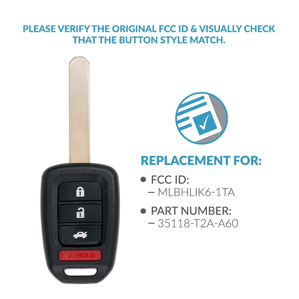 Keyless2Go Replacement for Keyless Entry Remote Car Key Fob for Select 2016 2017 Honda Accord & Civic Vehicles 35118-T2A-A60