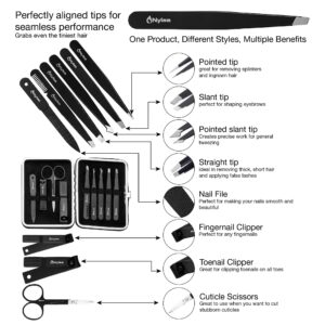 Nylea Professional Tweezers Set and Nail Clippers for Men and Women [Perfect Alignment/Grip] Best Precision Stainless Steel Kit for Ingrown Hair Eyebrows Facial Hair Splinter and Eyelashes