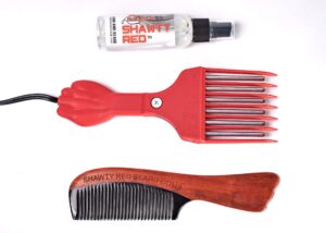 shawty red low heat beard grooming growth kit for men, hot afro comb, skin sensitive adjustable temperature wooden comb & leave in conditioner spray for the facial hair care (watch the video)