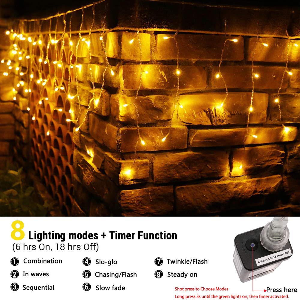 Toodour Christmas Icicle Lights Outdoor, 360 LED 29.5ft 8 Modes Fairy Icicle String Lights with 60 Drops, Led Christmas Twinkle Lights for Holiday, Party, Wedding, Christmas Decorations (Warm White)