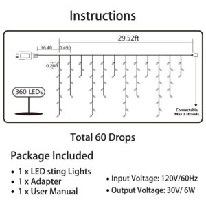 Toodour Christmas Icicle Lights Outdoor, 360 LED 29.5ft 8 Modes Fairy Icicle String Lights with 60 Drops, Led Christmas Twinkle Lights for Holiday, Party, Wedding, Christmas Decorations (Warm White)