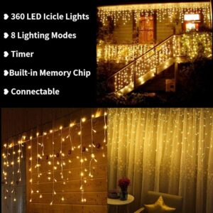 Toodour Christmas Icicle Lights Outdoor, 360 LED 29.5ft 8 Modes Fairy Icicle String Lights with 60 Drops, Led Christmas Twinkle Lights for Holiday, Party, Wedding, Christmas Decorations (Warm White)