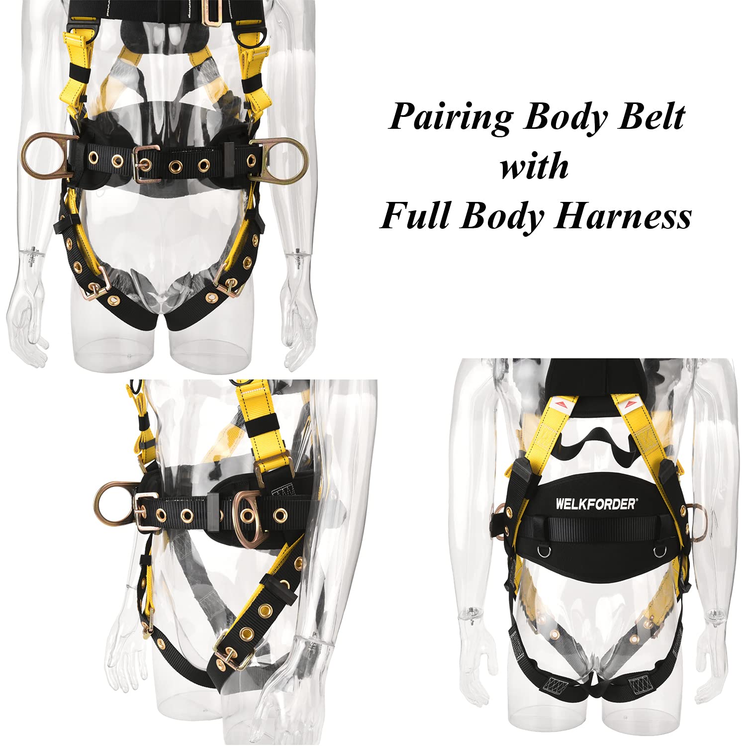 WELKFORDER Tongue Buckle Body Belt With Hot-Pressing Waist Pad and 2 Side D-Rings Personal Protective Equipment Safety Harness | Waist Fitting Size 30'' to 45'' for Work Positioning, Restraint