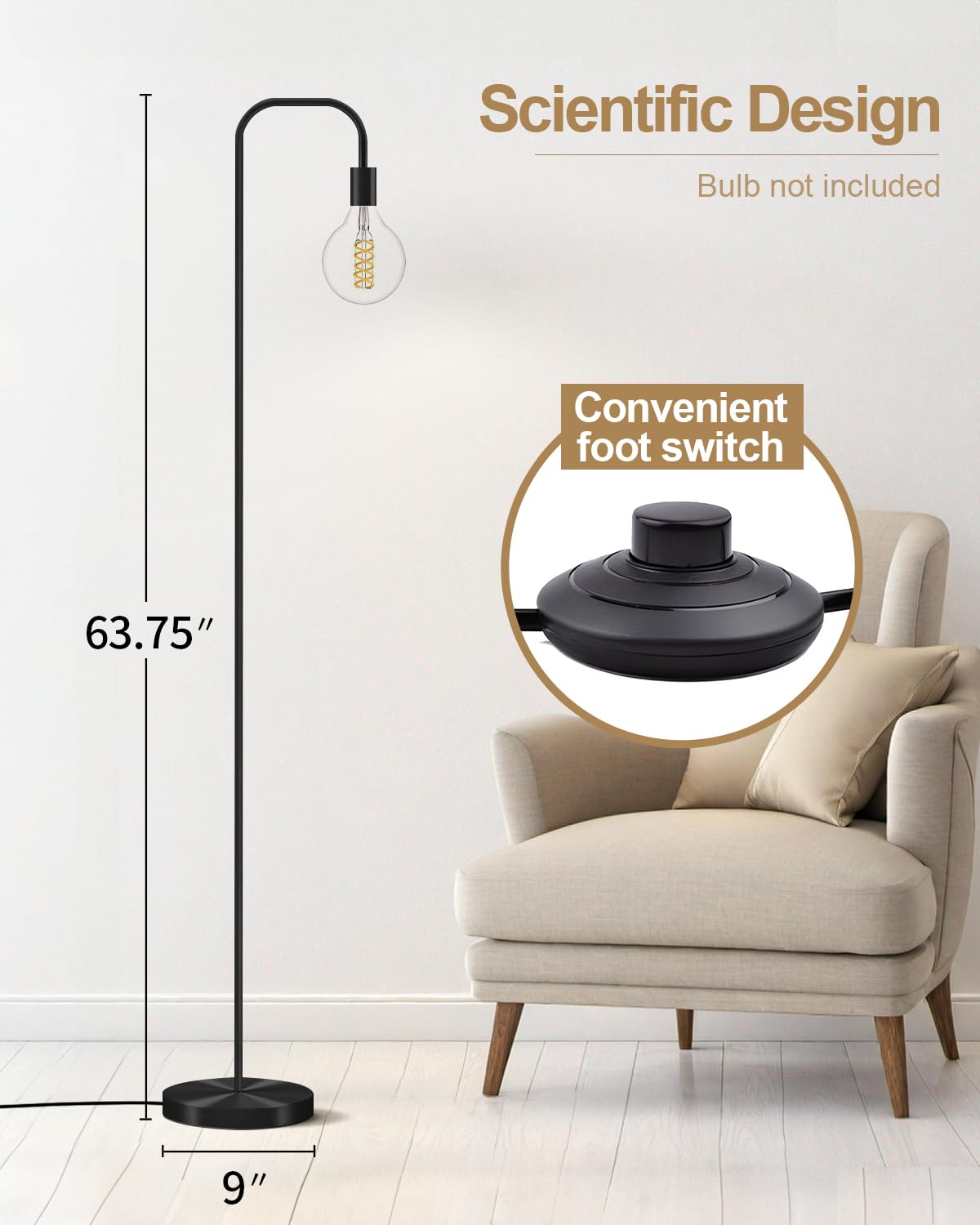 Oneach Black Floor Lamp 63.75" Industrial Floor Lamp, On/Off Footswitch,Modern Floor Lamp for Living Room Bedroom Reading Office Metal Minimalist Standing Lamp Tall Pole Lamps