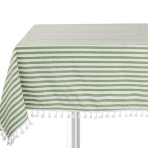 Fennco Styles Simply Striped Tassel Cotton Blend 55 x 55 Inch Tablecloth - Green Table Cover for Banquets, Holiday, Special Events, Outdoor and Home Décor