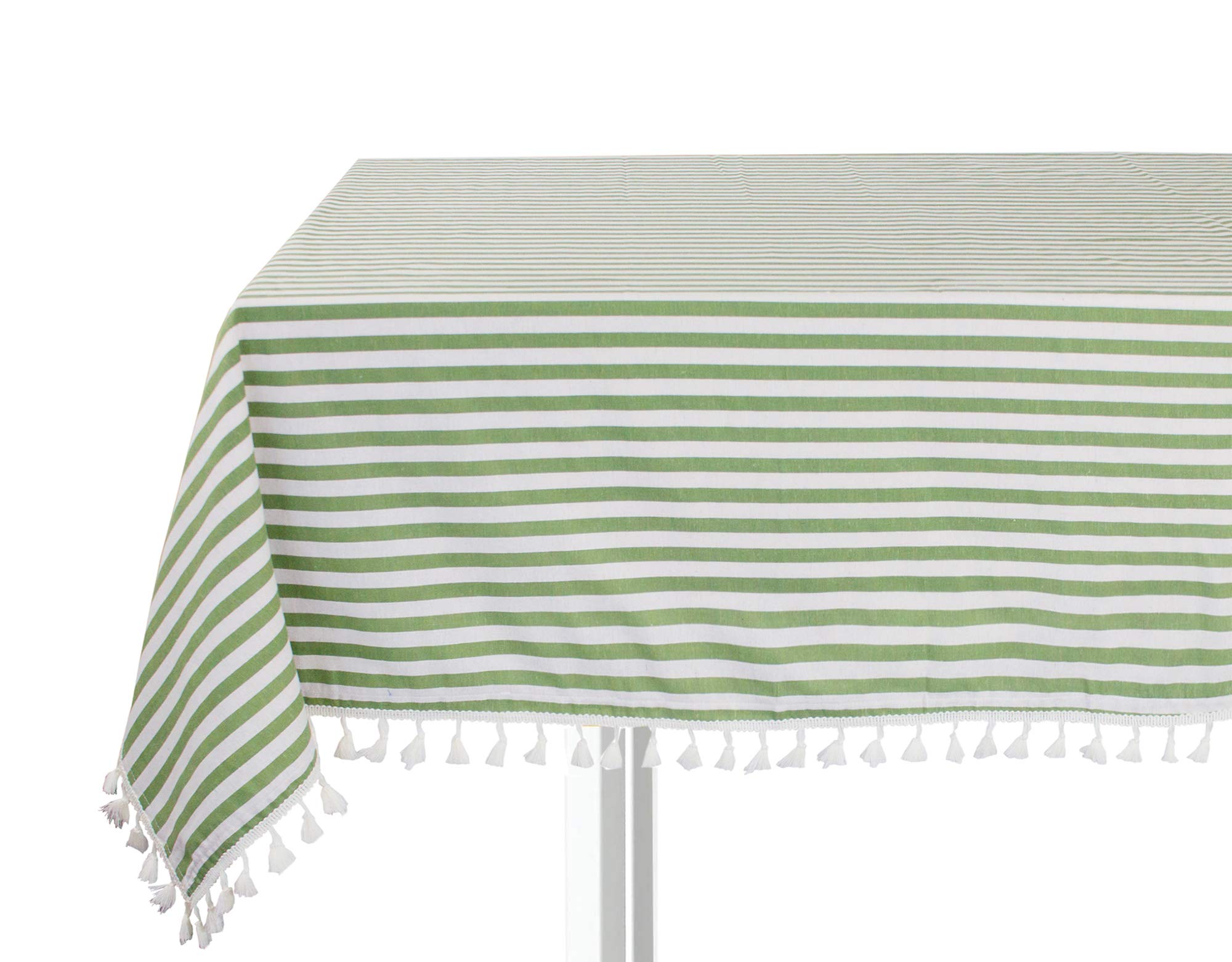 Fennco Styles Simply Striped Tassel Cotton Blend 55 x 55 Inch Tablecloth - Green Table Cover for Banquets, Holiday, Special Events, Outdoor and Home Décor