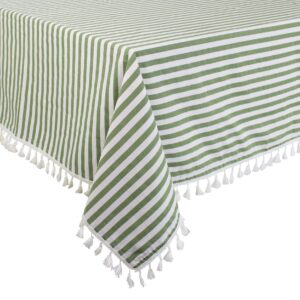 Fennco Styles Simply Striped Tassel Cotton Blend 55 x 55 Inch Tablecloth - Green Table Cover for Banquets, Holiday, Special Events, Outdoor and Home Décor