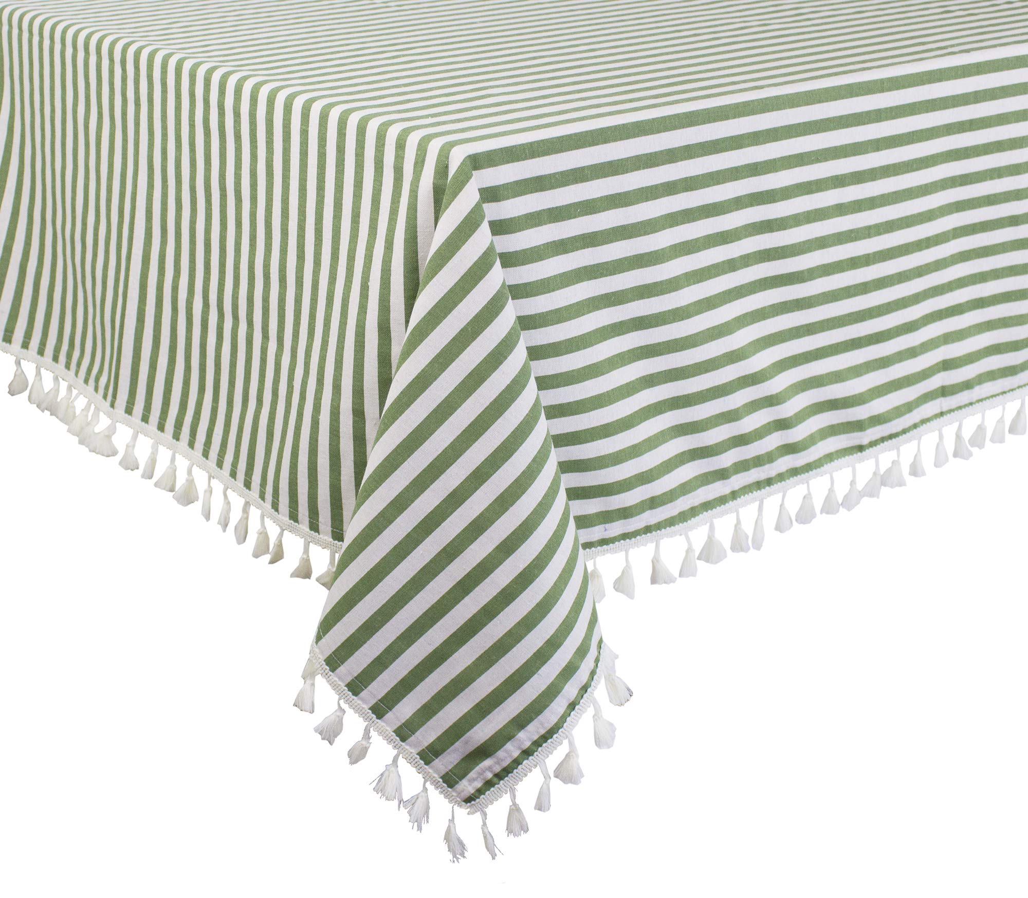 Fennco Styles Simply Striped Tassel Cotton Blend 55 x 55 Inch Tablecloth - Green Table Cover for Banquets, Holiday, Special Events, Outdoor and Home Décor