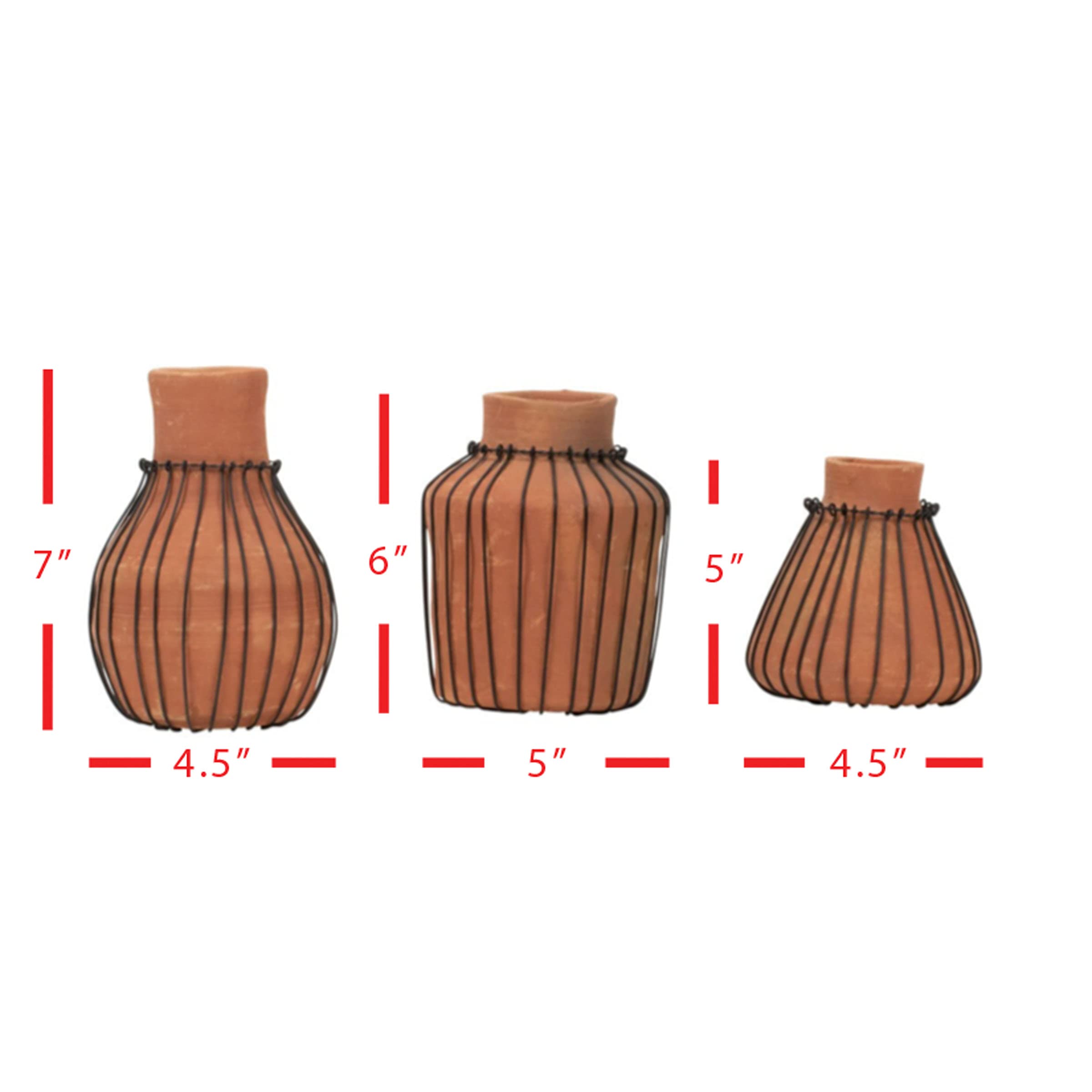 Foreside Home & Garden Set of 3 Natural Terracotta and Wire Decorative Bud Vases, Tan, Black