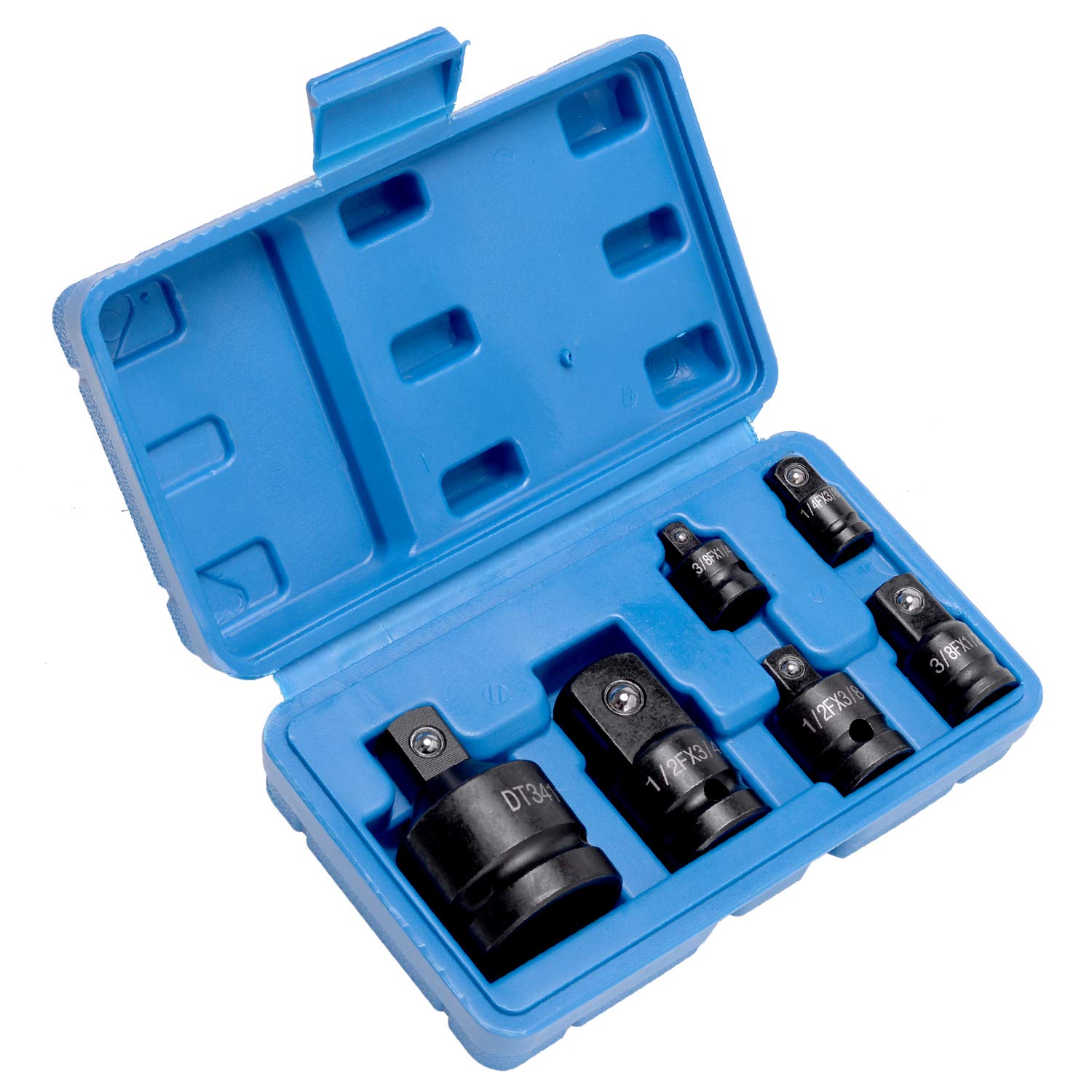 HELAKLS 6-Piece Impact Adapter and Reducer Socket Set, 1/4 3/8 1/2 3/4 Inch Female To Male Air Square Drive and Wrench Conversion Kit, Cr-Mo Steel, Ball Detent, Hand Tools With Case