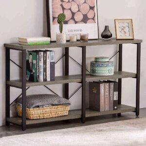 grelo home rustic console table for entryway, industrial sofa/entry table with storage open bookshelf, 55 inch gray oak