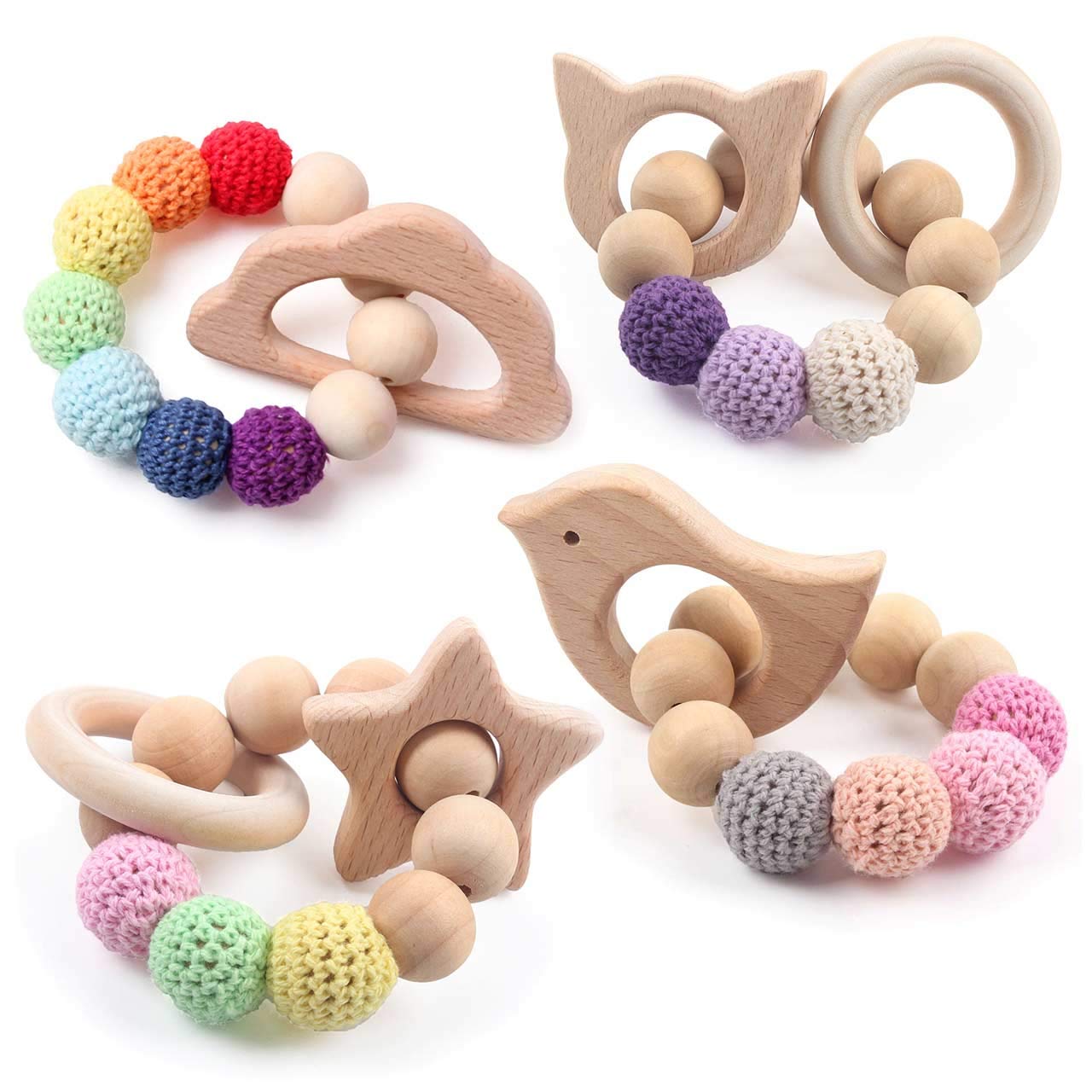 Beech Wooden Teethers 4 Packs, Natural Baby Teething Toys Wood DIY Soothing Charms, Chewable Toy Toddler Gift Jewelry, Cloud Cat Star Bird