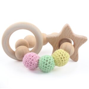 Beech Wooden Teethers 4 Packs, Natural Baby Teething Toys Wood DIY Soothing Charms, Chewable Toy Toddler Gift Jewelry, Cloud Cat Star Bird