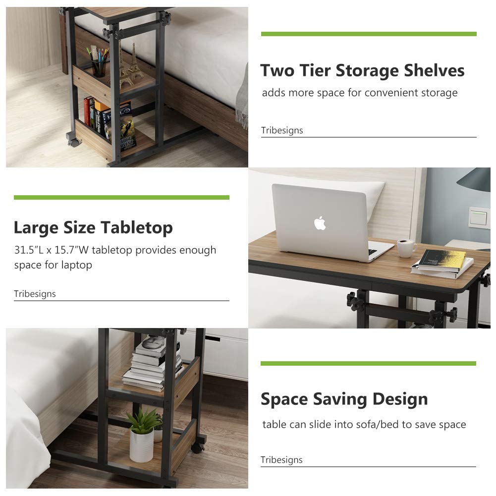 Tribesigns Adjustable C Table with Wheels, Mobile Snack Side End Table Sofa Couch Bedside Laptop Rolling Cart TV Tray with Storage Shelves