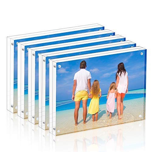 Meetu 5 Pack Acrylic Picture Frame 6x8,Clear Freestanding Double Sided 20mm Thickness Frameless Magnetic Photo Frames Desktop Display with Gift Box Package