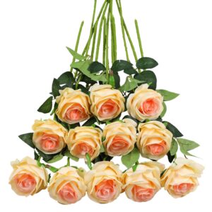 tifuly 12pcs champagne rose artificial flower, realistic single stem fake silk rose bouquet for wedding party home centerpiece hotel office decor