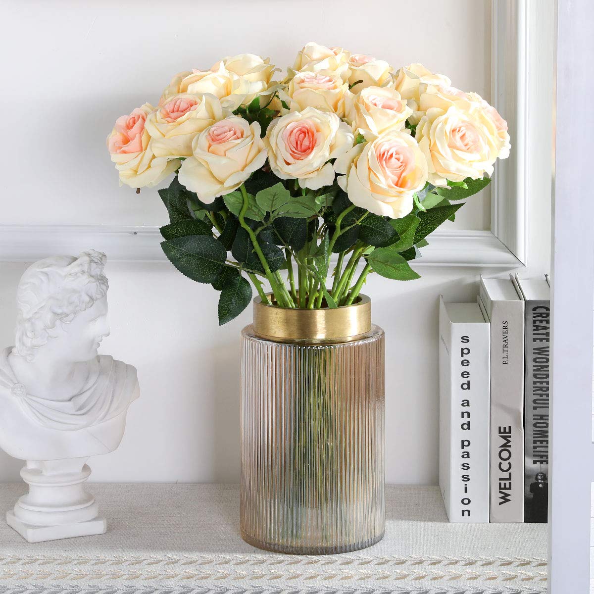 Tifuly 12Pcs Champagne Rose Artificial Flower, Realistic Single Stem Fake Silk Rose Bouquet for Wedding Party Home Centerpiece Hotel Office Decor