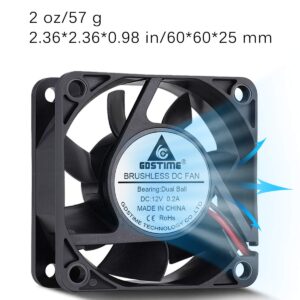 GDSTIME 60mm Fan, 60mm x 60mm x 25mm Dual Ball Bearings 12V DC Brushless Cooling Fan