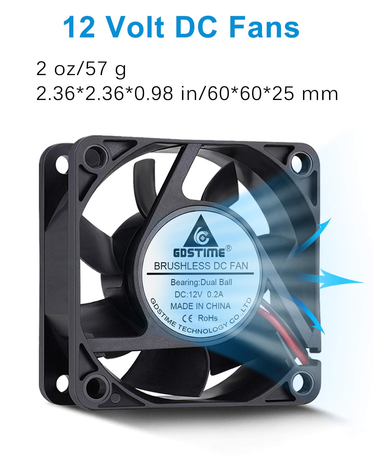 GDSTIME 60mm Fan, 60mm x 60mm x 25mm Dual Ball Bearings 12V DC Brushless Cooling Fan