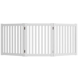 welland wooden freestanding pet gate, 24 inch 3 panel step over fence, expands up to 60" wide, foldable indoor dog gate puppy safety fence, white