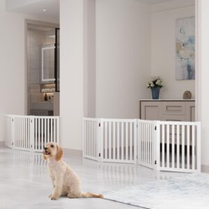 WELLAND Wooden Freestanding Pet Gate, 24 Inch 3 Panel Step Over Fence, Expands Up to 60" Wide, Foldable Indoor Dog Gate Puppy Safety Fence, White