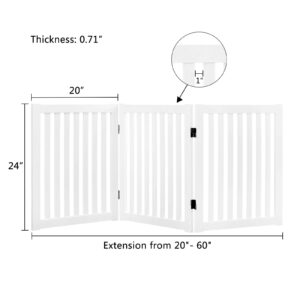 WELLAND Wooden Freestanding Pet Gate, 24 Inch 3 Panel Step Over Fence, Expands Up to 60" Wide, Foldable Indoor Dog Gate Puppy Safety Fence, White