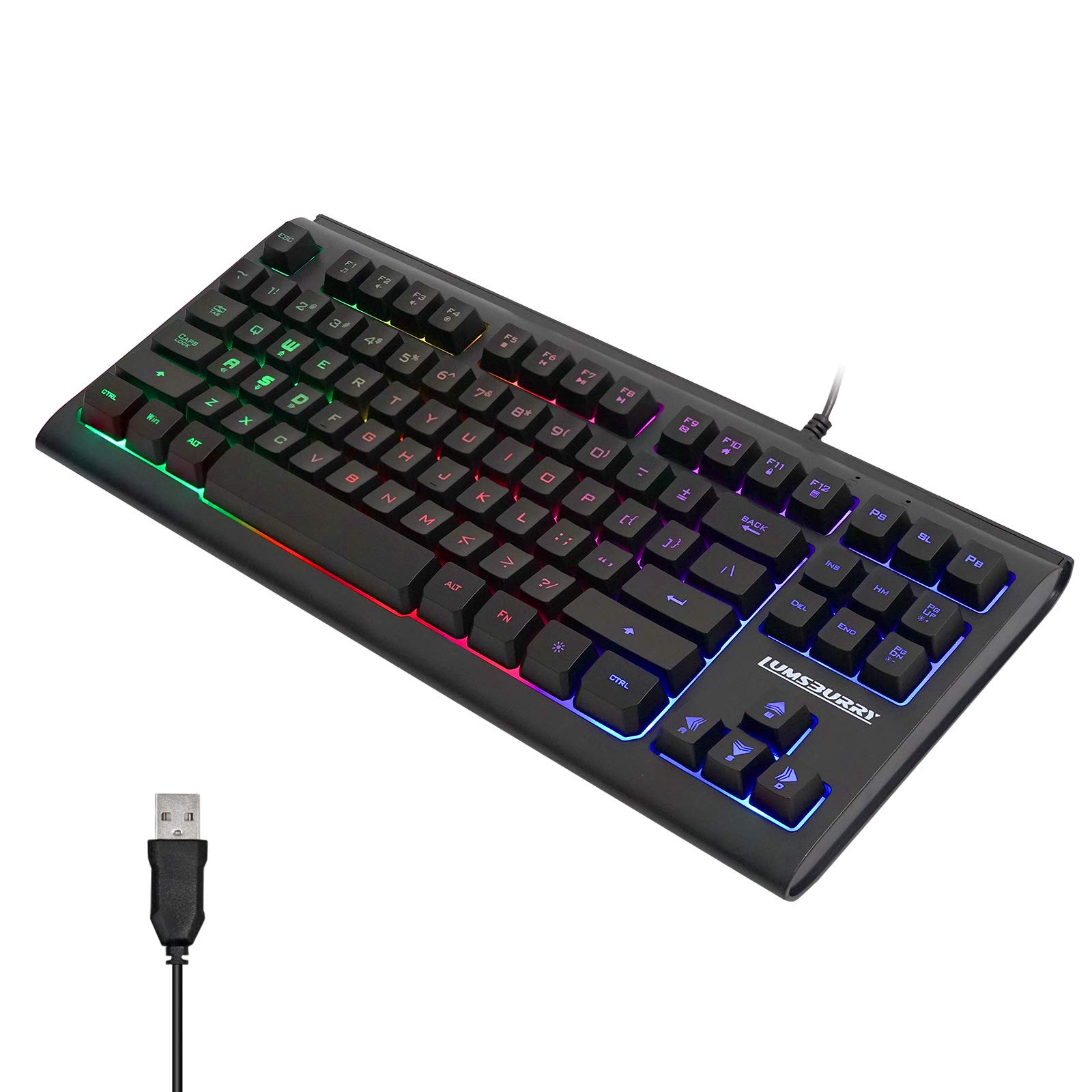 Lumsburry Rainbow LED Backlit 87 Keys Gaming Keyboard, Compact Keyboard with 12 Multimedia Shortcut Keys USB Wired Keyboard for PC Gamers Office