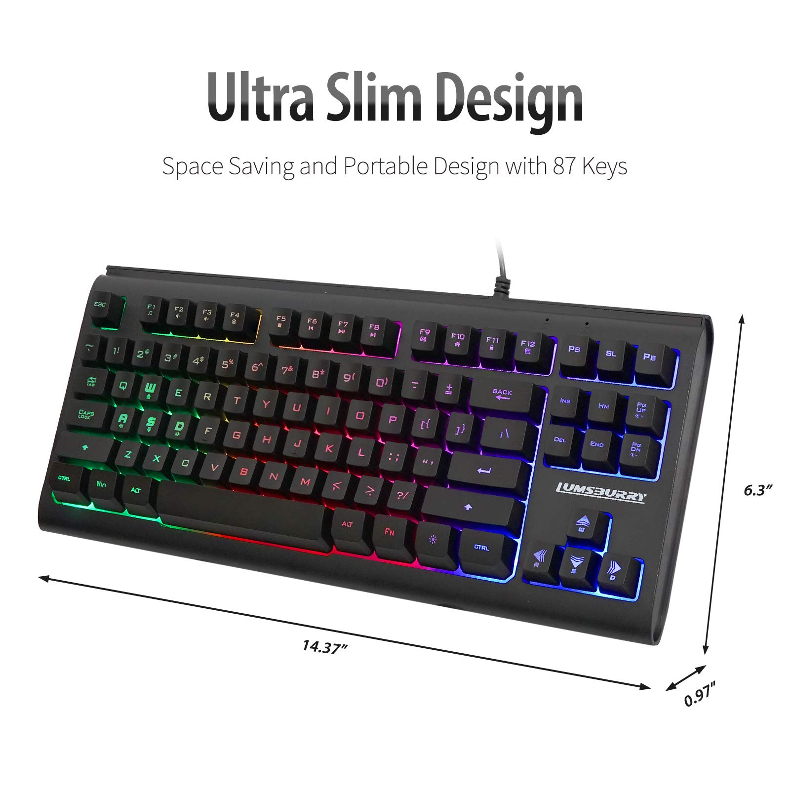 Lumsburry Rainbow LED Backlit 87 Keys Gaming Keyboard, Compact Keyboard with 12 Multimedia Shortcut Keys USB Wired Keyboard for PC Gamers Office