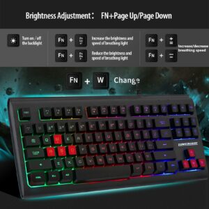 Lumsburry Rainbow LED Backlit 87 Keys Gaming Keyboard, Compact Keyboard with 12 Multimedia Shortcut Keys USB Wired Keyboard for PC Gamers Office