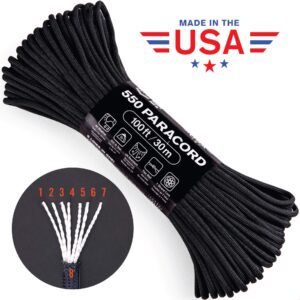 Atwood Rope MFG 550 Paracord 100 Feet 7-Strand Core Nylon Parachute Cord Outside Survival Gear Made in USA | Lanyards, Bracelets, Handle Wraps, Keychain (Black)