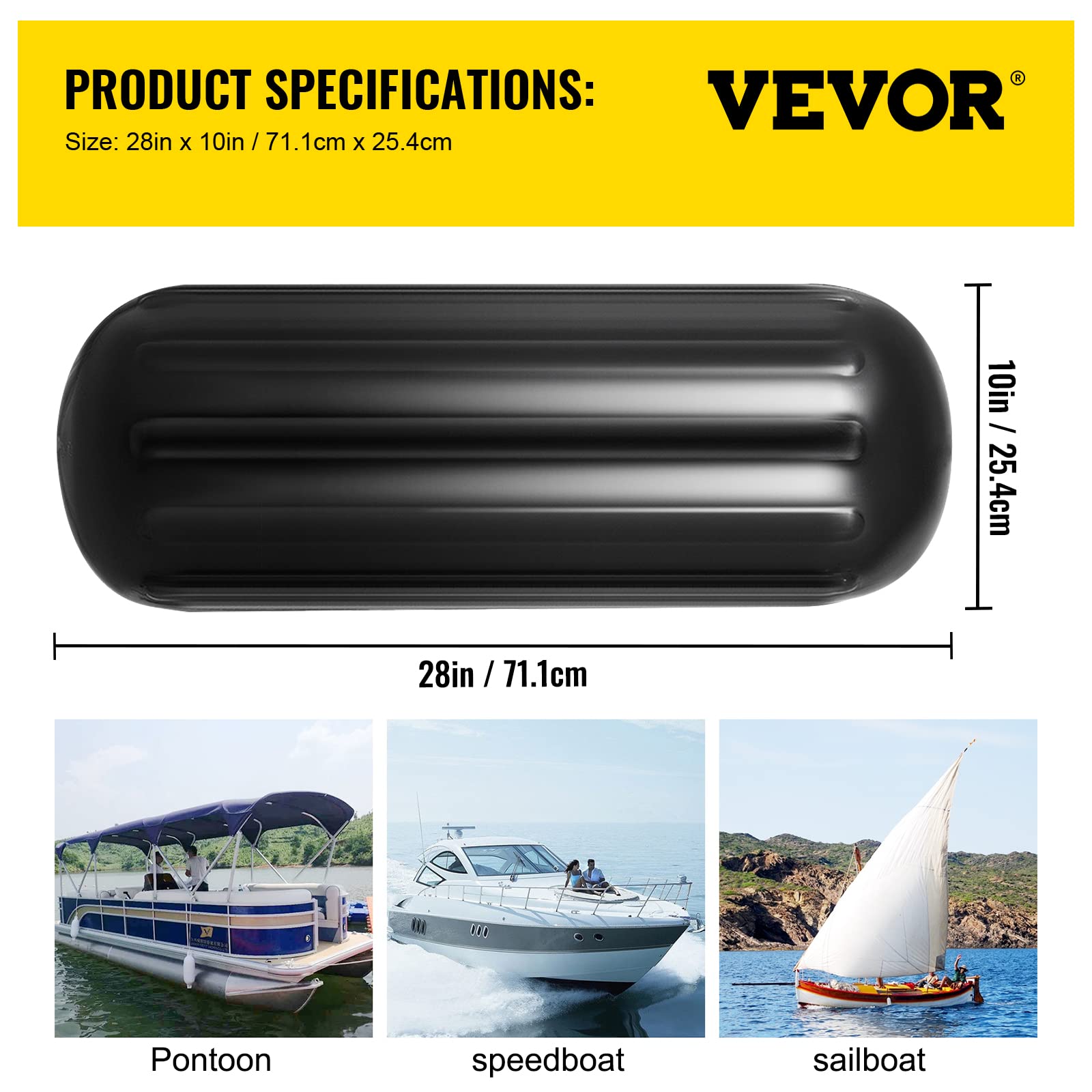 Vevor Boat Fenders 10 x 28 inches, Vinyl Boat Fender Pack of 4, Ribbed Twin Eyes Boat Bumpers Black and Pump to Inflate : Sports & Outdoors