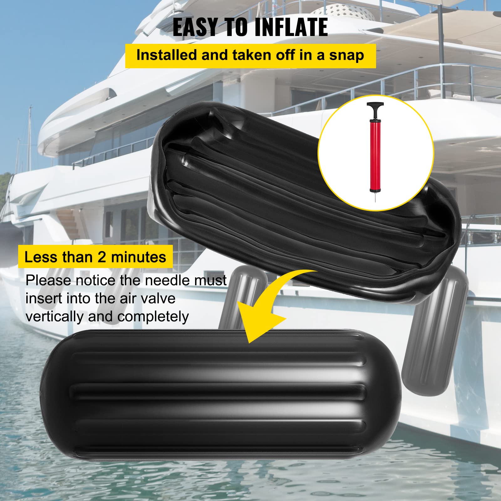 Vevor Boat Fenders 10 x 28 inches, Vinyl Boat Fender Pack of 4, Ribbed Twin Eyes Boat Bumpers Black and Pump to Inflate : Sports & Outdoors