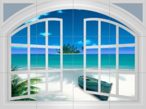 ceramic backsplash tile mural beach scene seaside ocean kitchen/bathroom/shower - beach view through a window - david miller