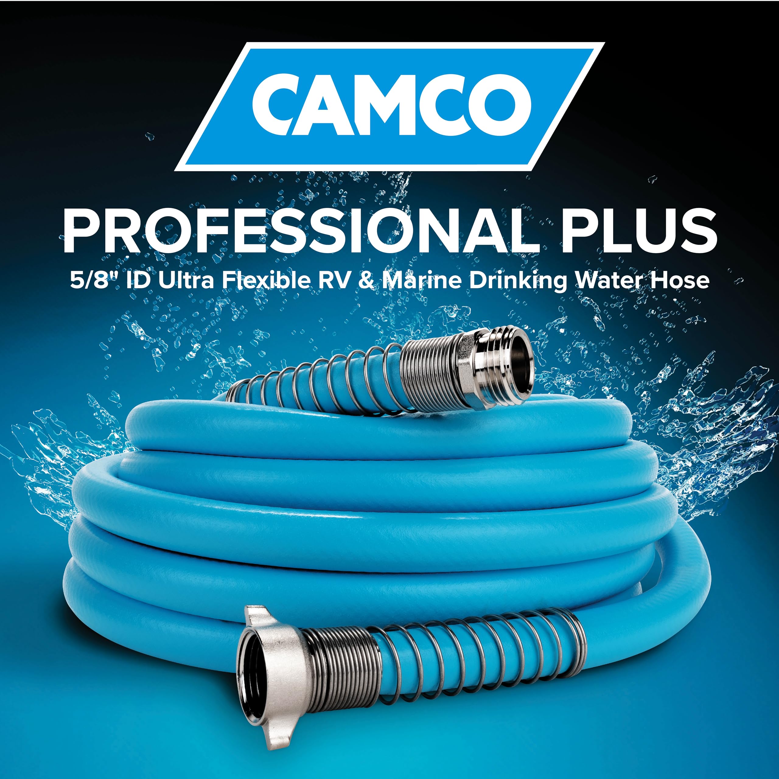 Camco EvoFlex 25-Foot Drinking Water Hose | Features an Extra Flexible Construction | Stainless Steel Strain Reliefs on Each Hose End | Ideal for RV and Marine Use (22594)