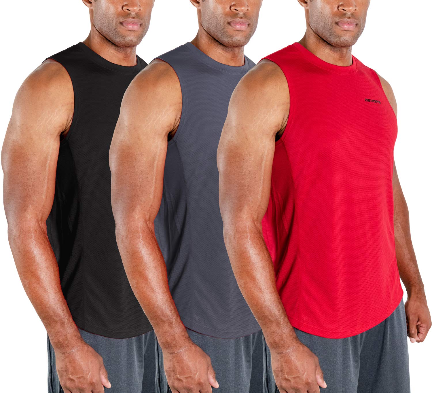 DEVOPS 3 Pack Men's Muscle Shirts Sleeveless Dry Fit Gym Workout Tank Top (Medium, Black/Charcoal/Red)