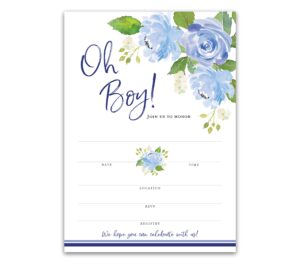 oh boy! — floral baby shower invitations— pack of 25 — garden baby shower blank fill-in invites, flowers, chic, unique, garden invites, blue baby boy sprinkle invites, diy invites blue sku i705-inv1