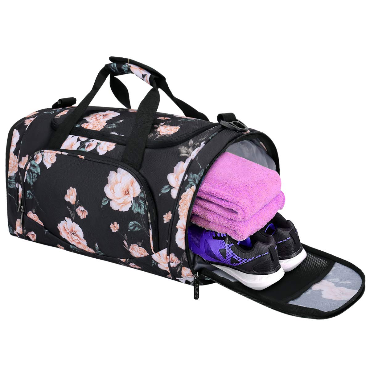 MOSISO Sports Duffel Peony Gym Bag with Shoe Compartment for Men/Women Dance Travel Weekender, Black