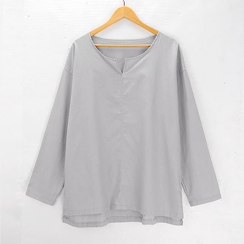 Tops for Men Cotton and Linen Brief Breathable Comfy Solid Color Long Sleeve Loose Casual T Shirt Blouse Gray