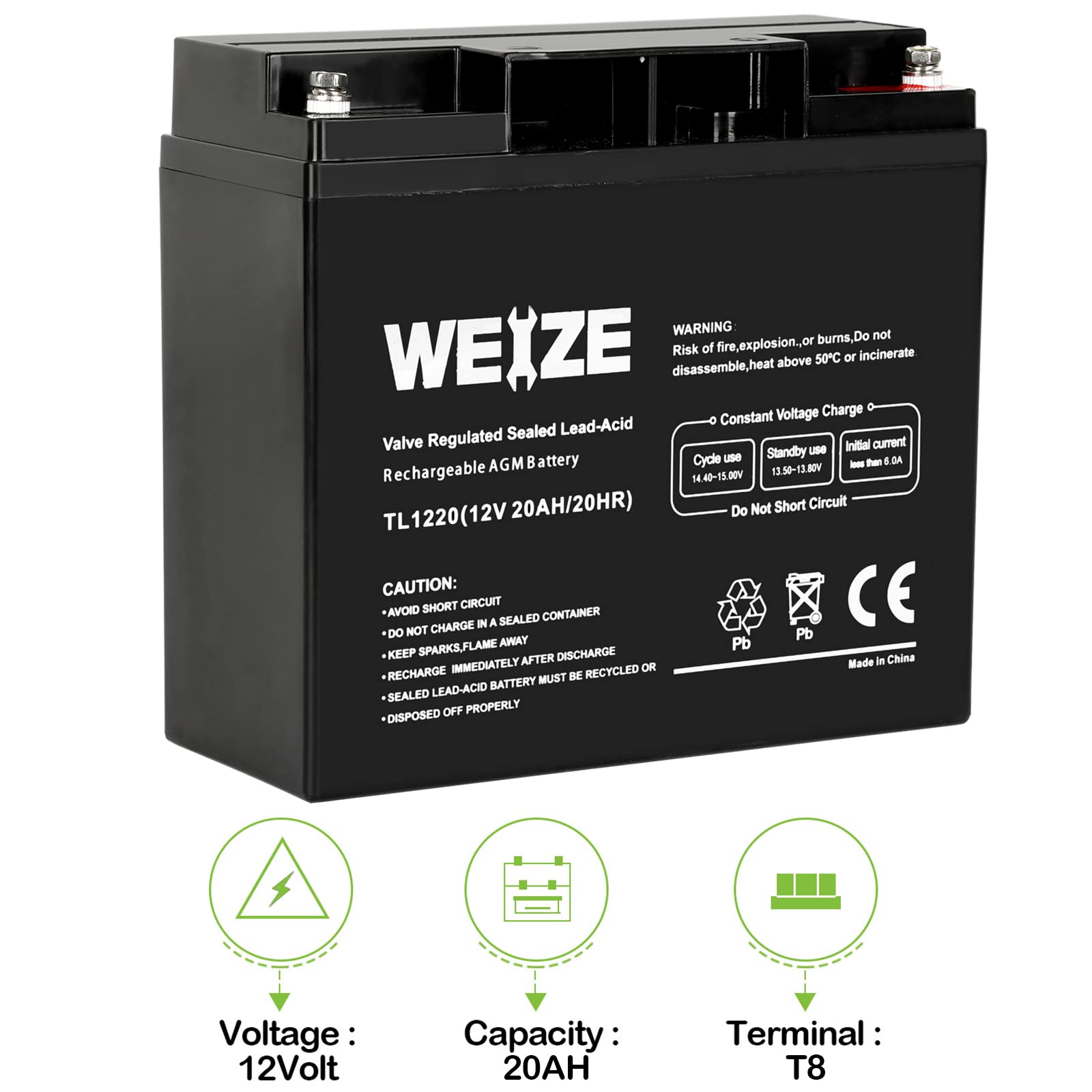 WEIZE 12V 20AH Lead Acid Battery Replace UB12200 FM12200 6fm20 EXP12200 12V 20AH 22AH Batteries