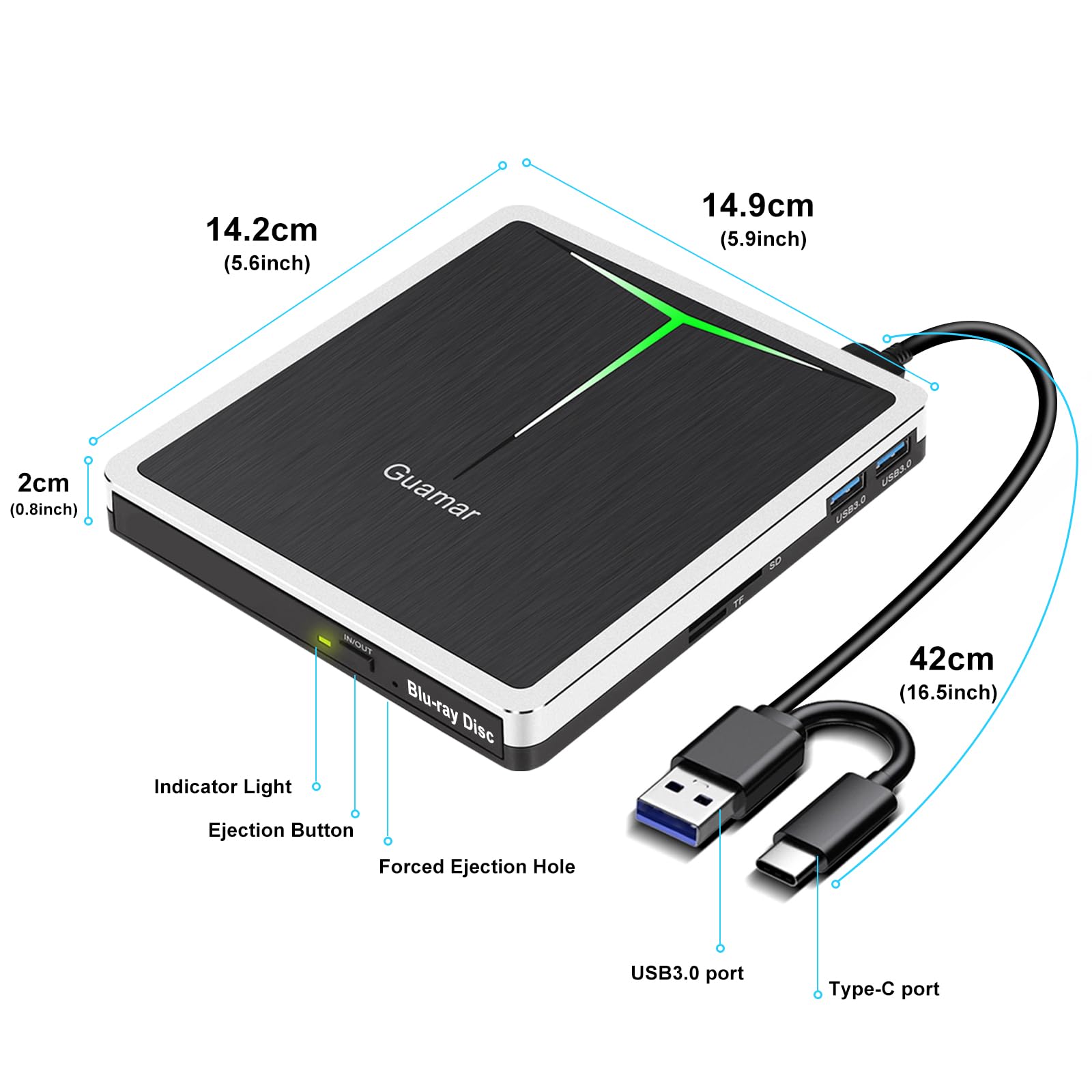 Guamar External Blu Ray Drive, USB 3.0 Type C Blu-ray Burner Bluray DVD Player BD Reader Writer Slim Portable Blue ray CD/DVD Optical Disk Drives for Laptop PC Mac MacBook Computer Desktop Windows 11