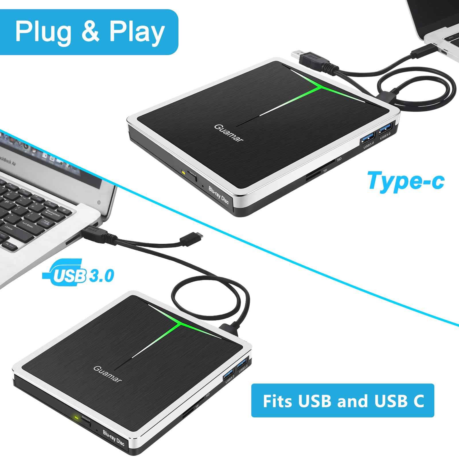 Guamar External Blu Ray Drive, USB 3.0 Type C Blu-ray Burner Bluray DVD Player BD Reader Writer Slim Portable Blue ray CD/DVD Optical Disk Drives for Laptop PC Mac MacBook Computer Desktop Windows 11