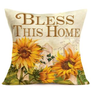 smilyard decorative pillow covers vintage yellow sunflower with green leavers pillow case bless this home words cotton linen cushion cover home decor sofa bed couch 18x18 inch (ah 03)